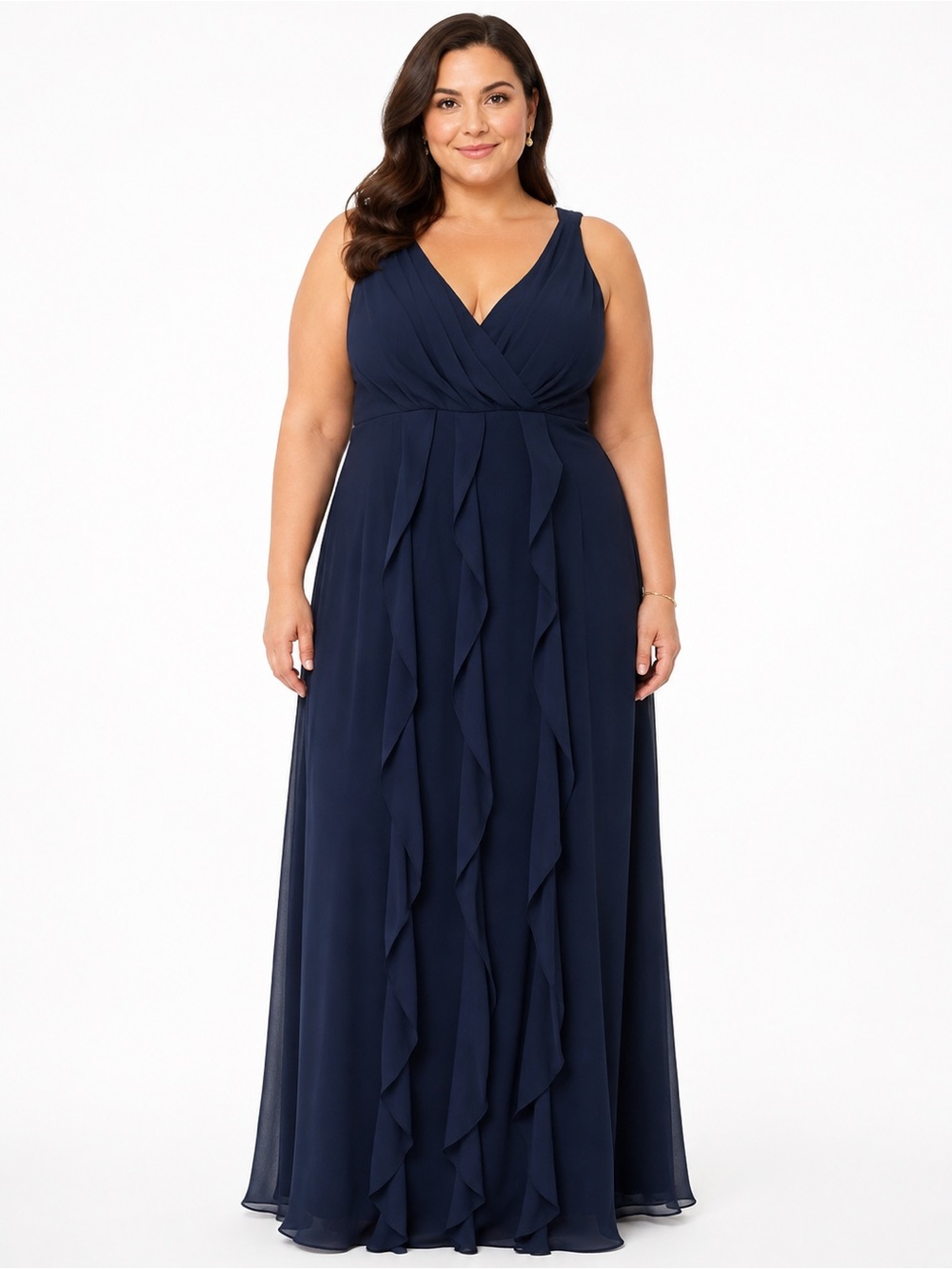 White by Vera Wang Navy Chiffon Ruffle Maxi Gown Size 18 Formal Bridesmaid